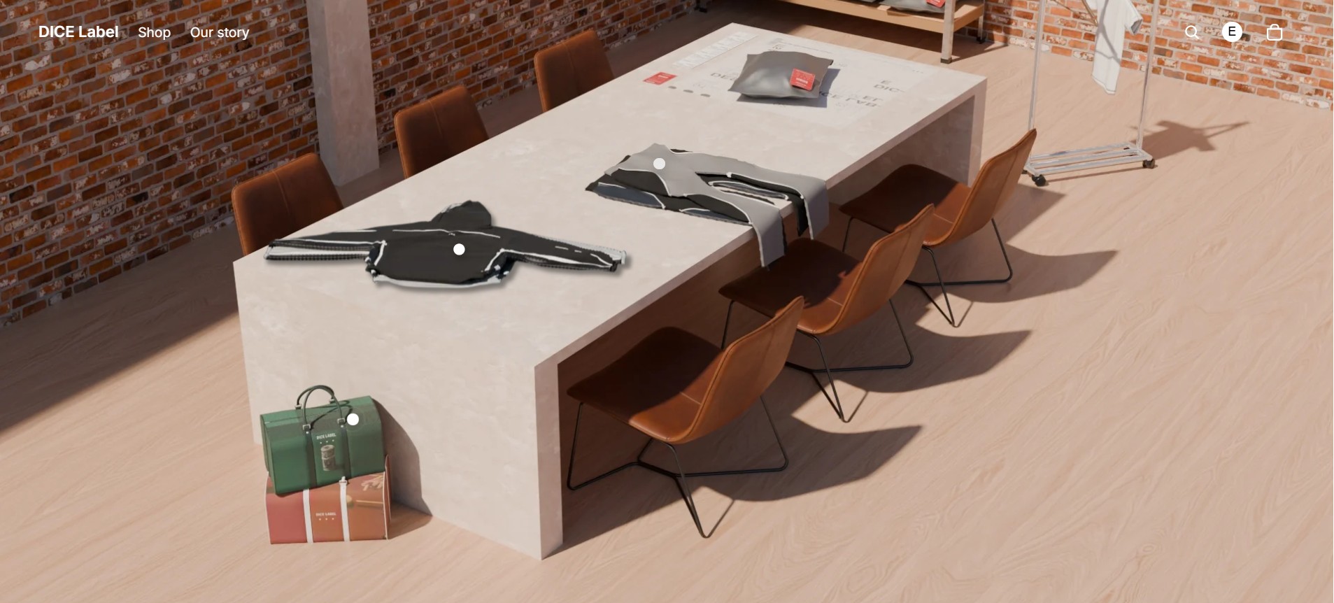 A 3d room with items shattered around the room with flying dots on top of the items linking to the product pages