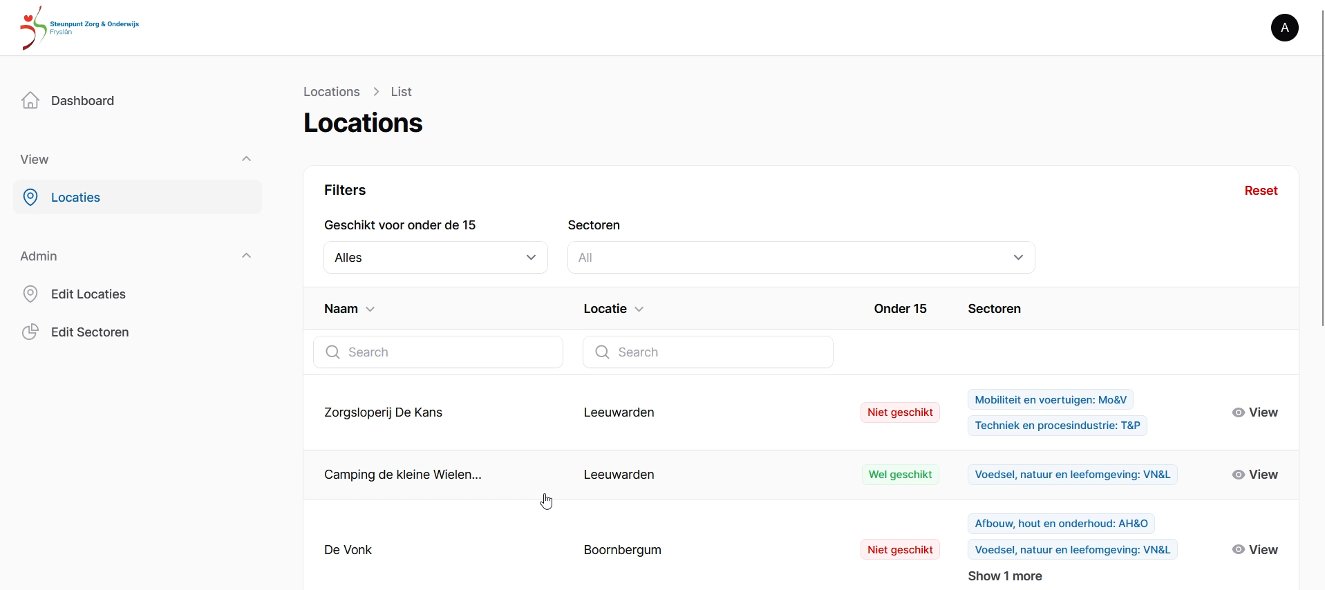 A screenshot of the locations page in the dashboard of the steunpunt friesland tool