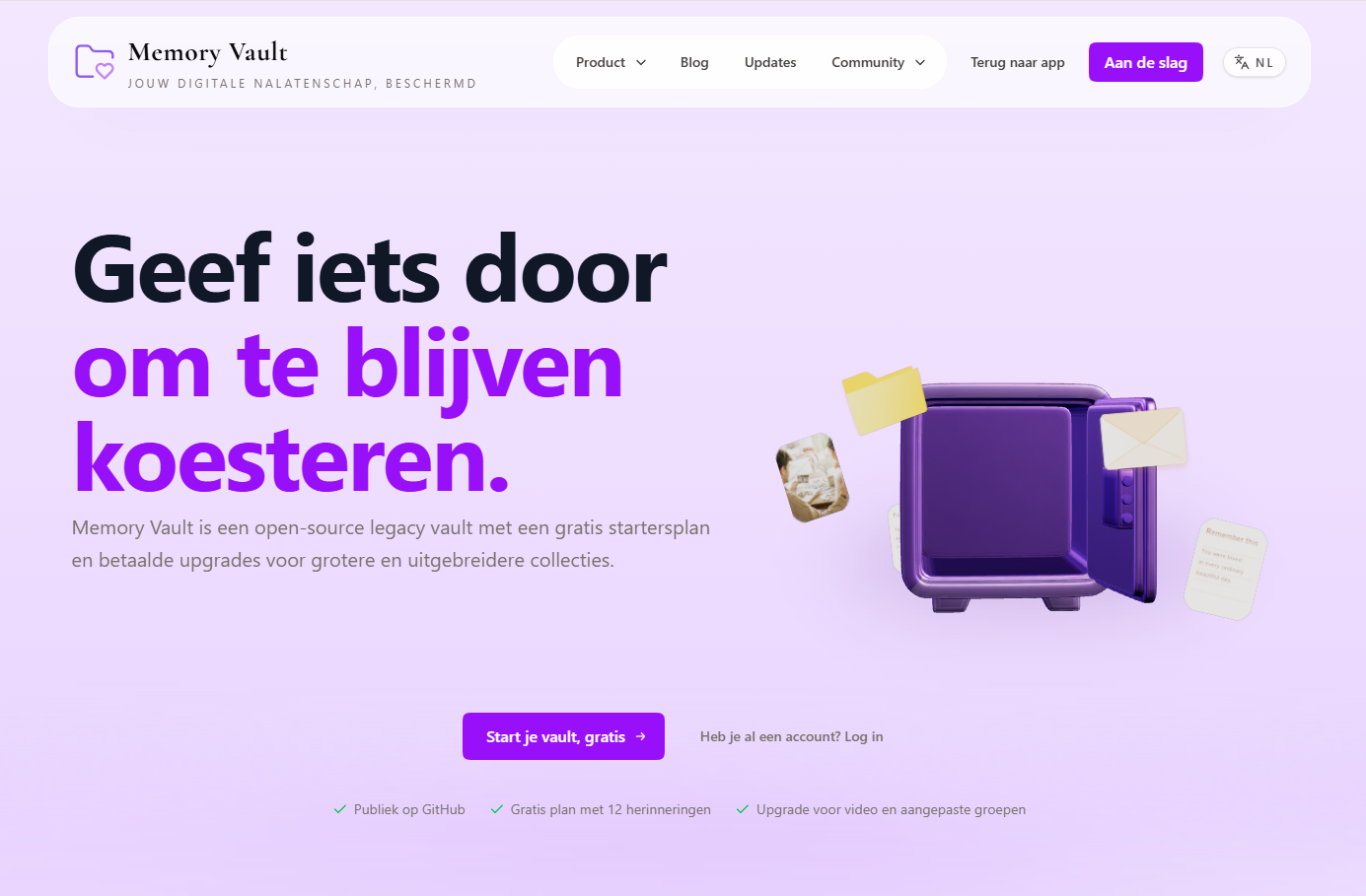 The homepage of MemoryVault