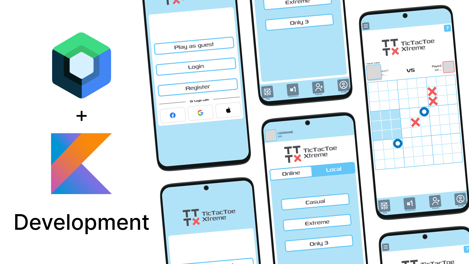 A thumbnail with different phones with different screens of the tic tac toe extreme app